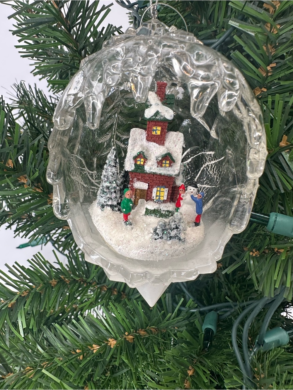 Holiday Village Glass Icicle Ornament with Snowy Cottage Christmas